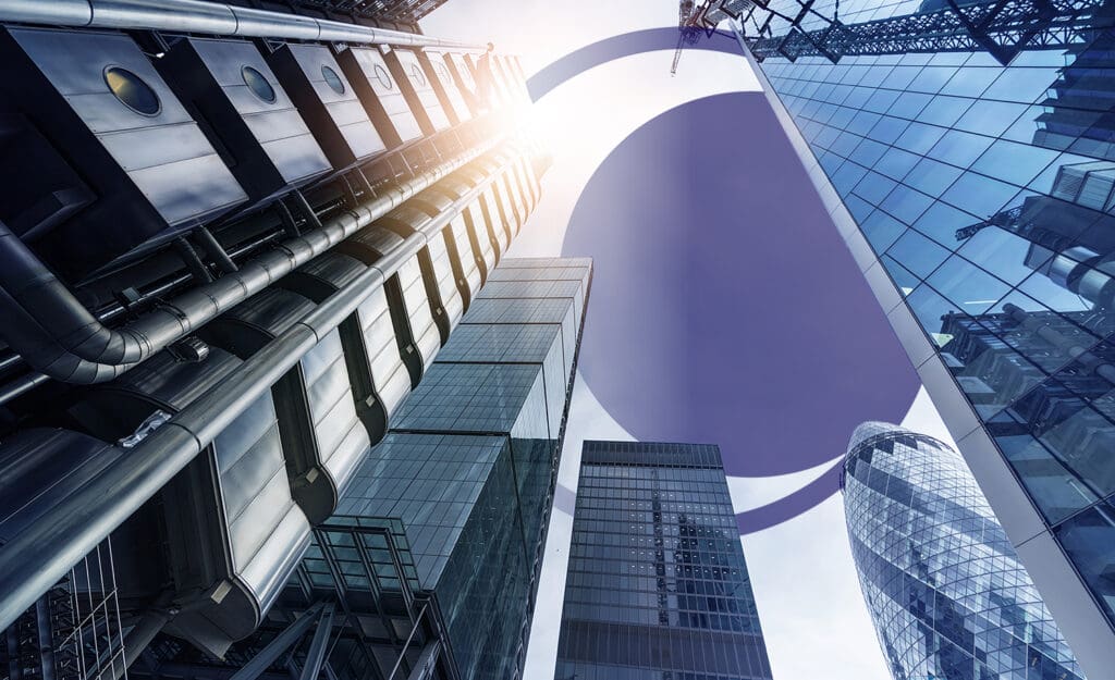 low angle shot of futuristic glass and steel office towers in London financial district, London, Great Britain