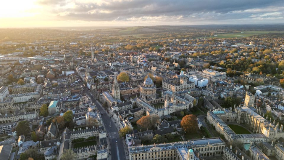 An aerial view of a sunny sky over the skyline of Oxford, UK