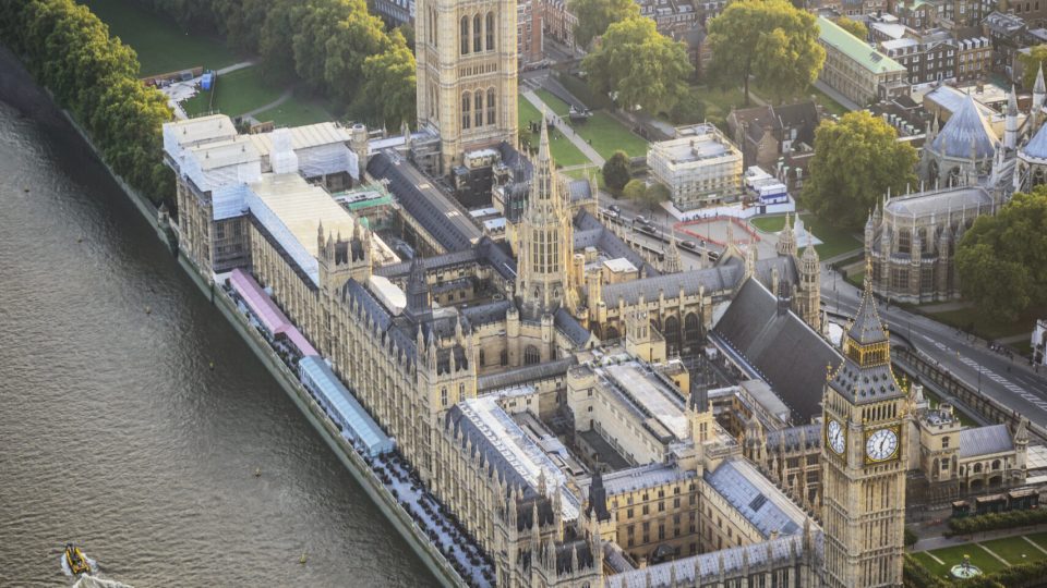 Aerial view of London cityscape and river, England