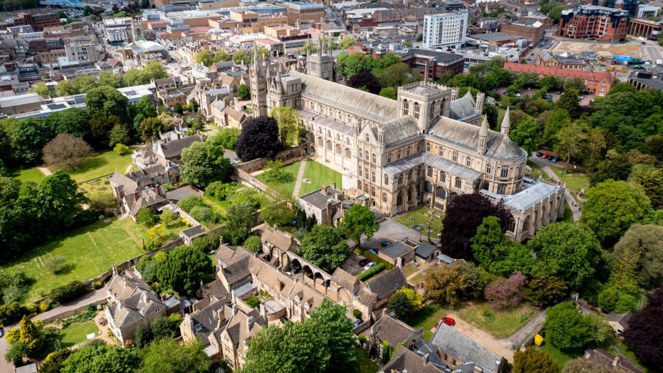 PETERBOROUGH, UK - MAY 12, 2022.  An aerial view of Peterborough city and the ancient cathedral church of St Peter, St Paul and St Andrew