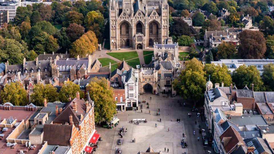 PETERBOROUGH CATHEDRAL, UK - OCTOBER 13, 2022.  Aerial vertical landscape of Peterborough Cathedral and Guildhall in Cathedral Square
