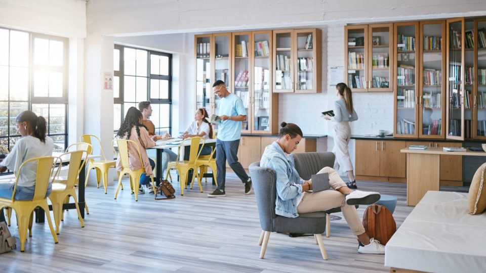 Education, students and learning in library at university in relax, funky and creative study room. .