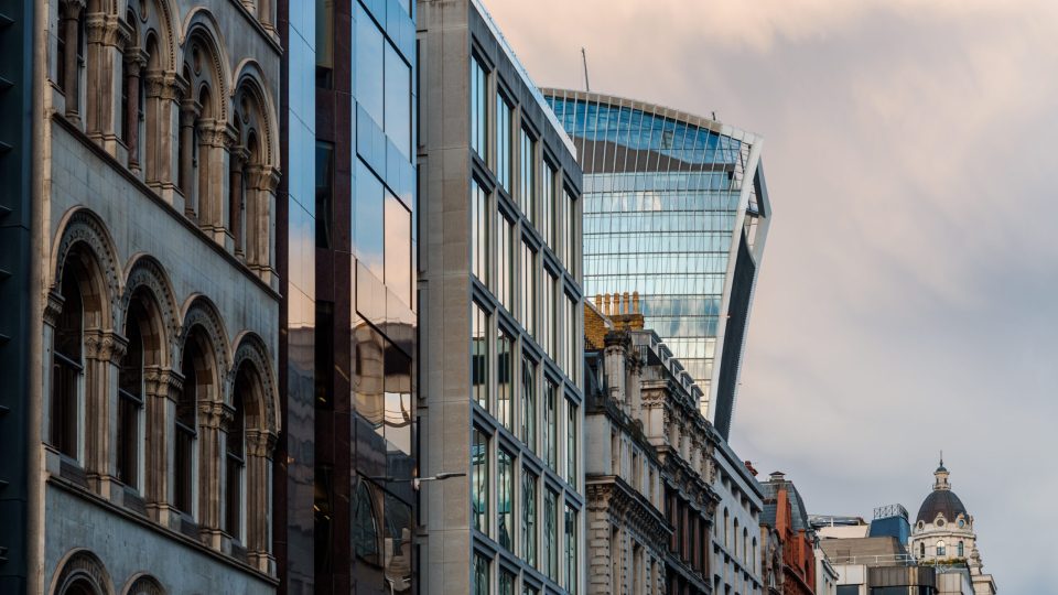 View of downtown of City of London at sunset